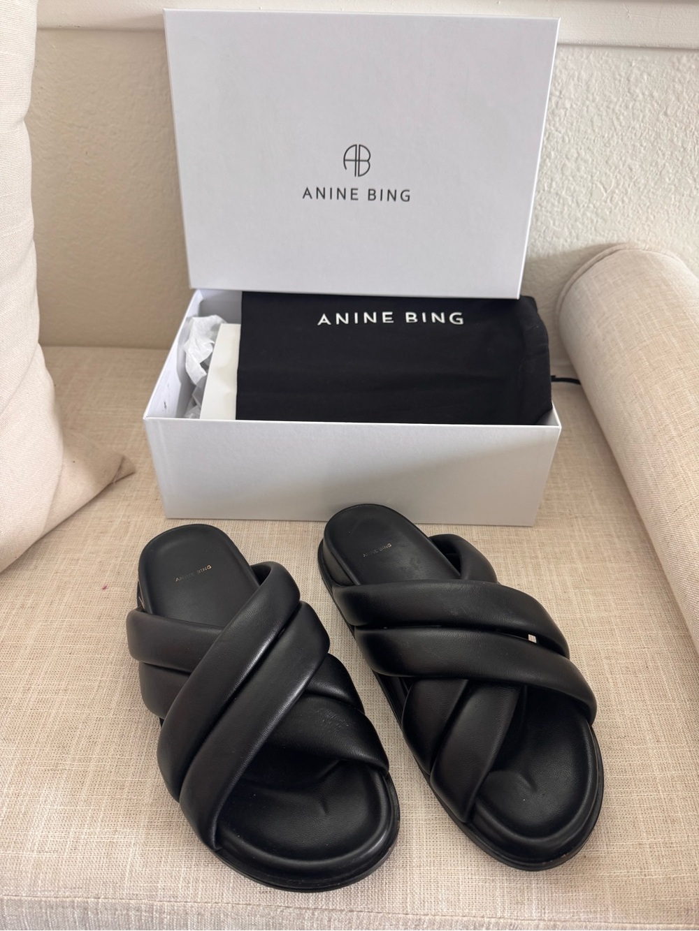 Anine Bing Black Lizzie Slides Quilted Leather Slide Sandals